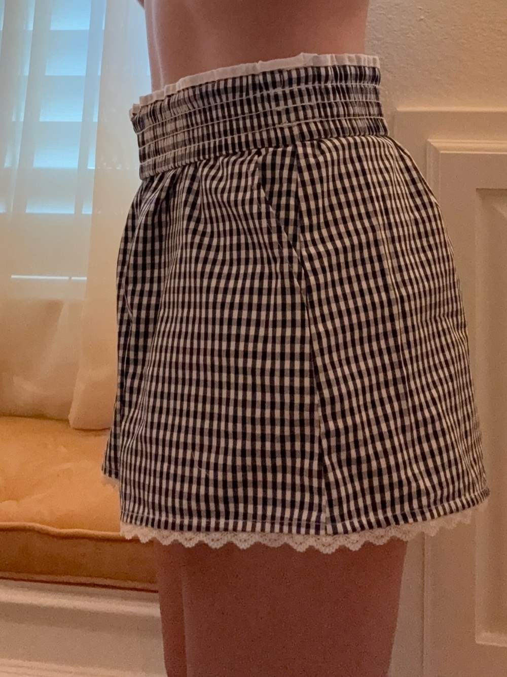 French Connection Navy & White Gingham Lace-Trim Shorts - Picture 5 of 5